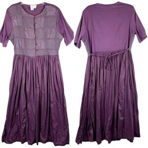 Vintage Cottagecore Prairie Quilted Lagenlook Cotton Ankle Dress Dark Purple 14